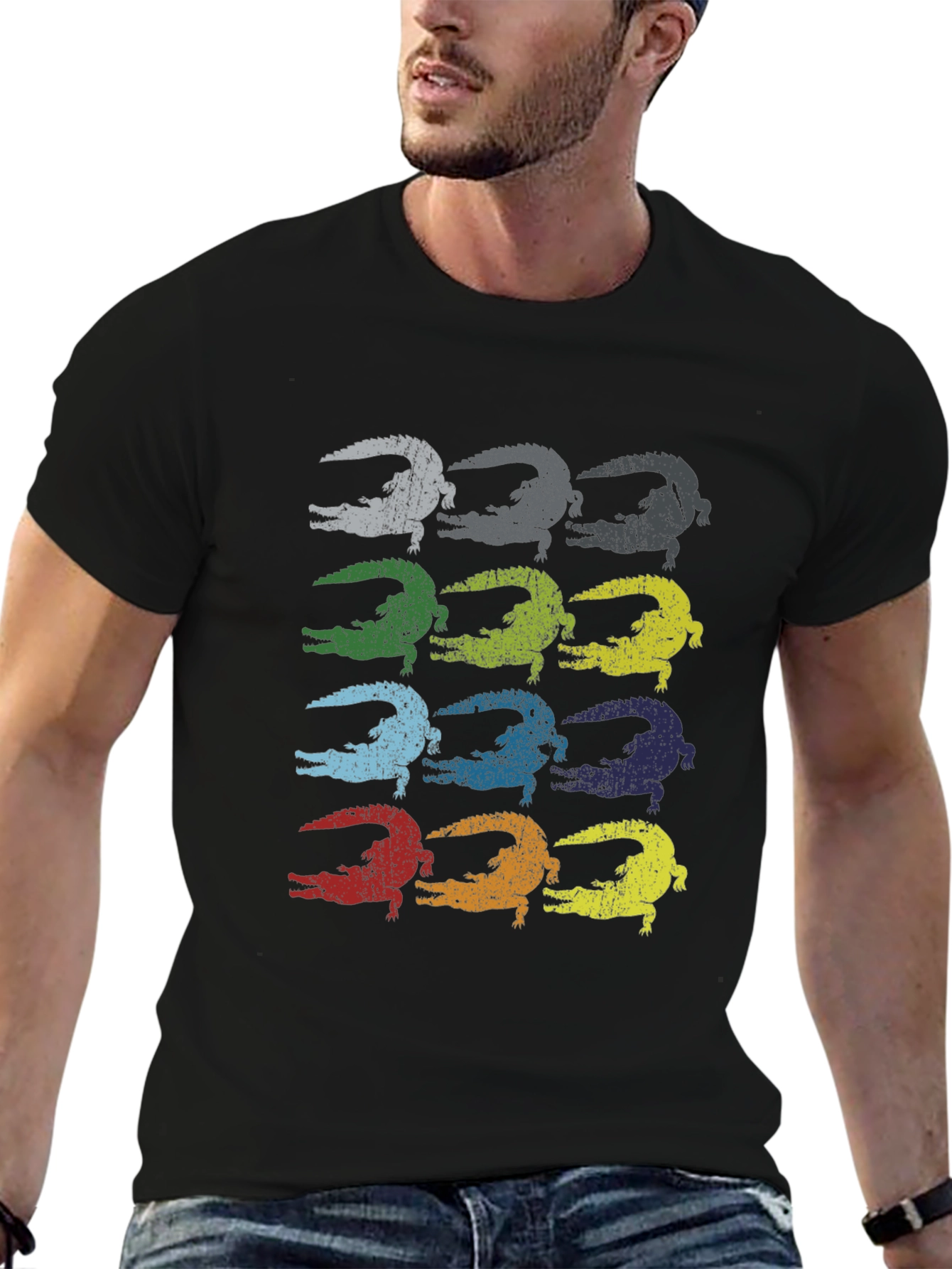Retro Alligator Print Black T-Shirt