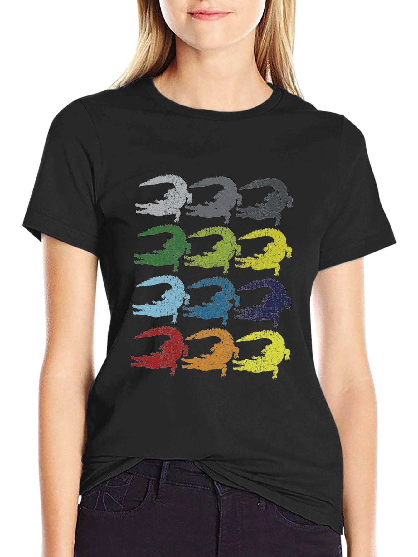 Retro Alligator Print Black T-Shirt