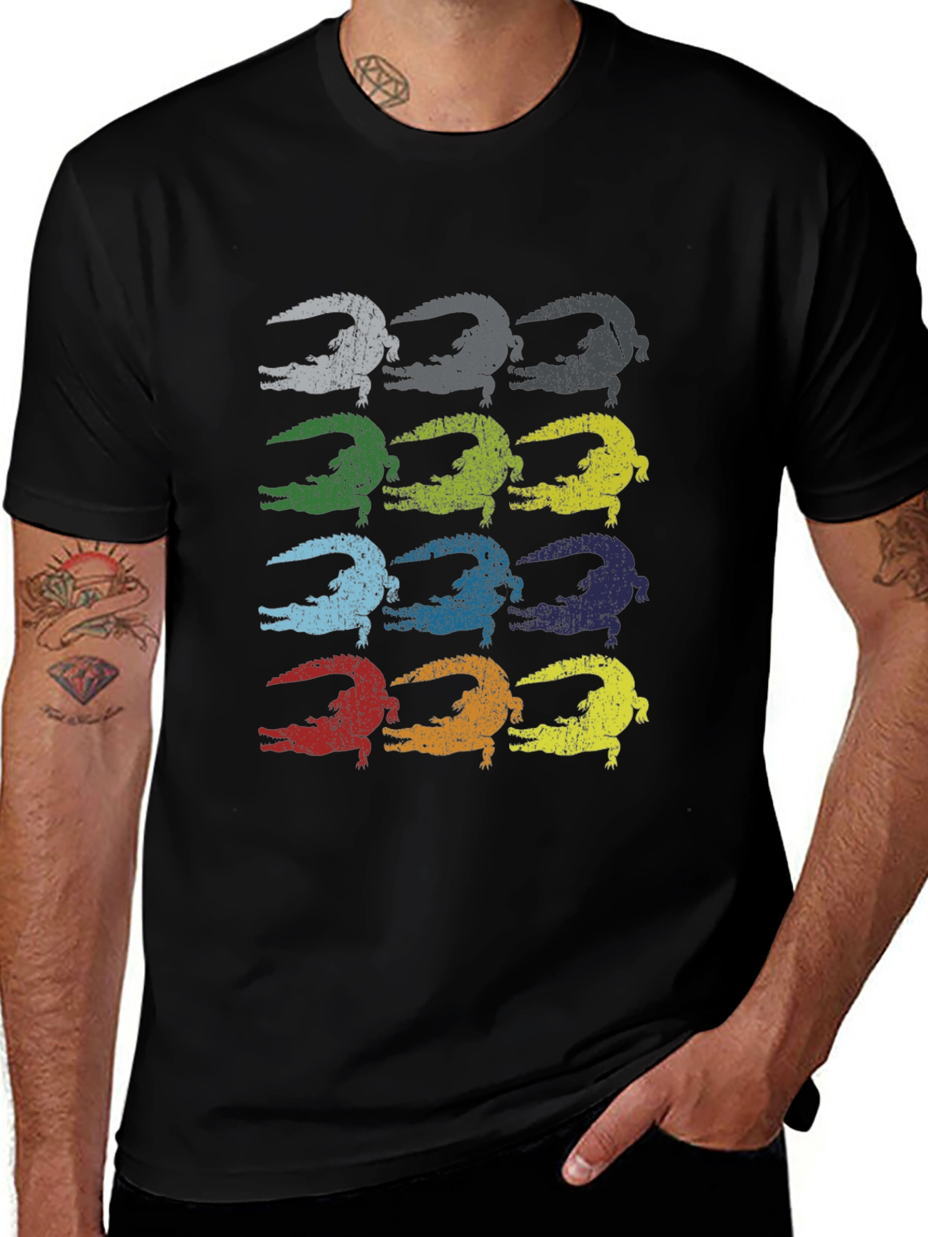 Retro Alligator Print Black T-Shirt