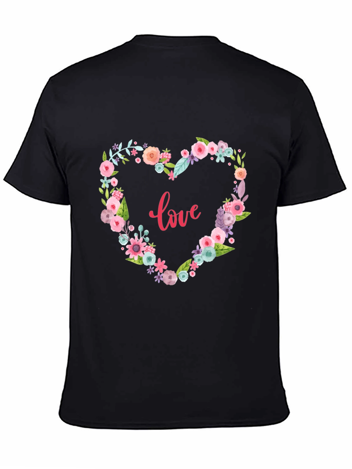 Floral Heart Love Graphic Black T-Shirt