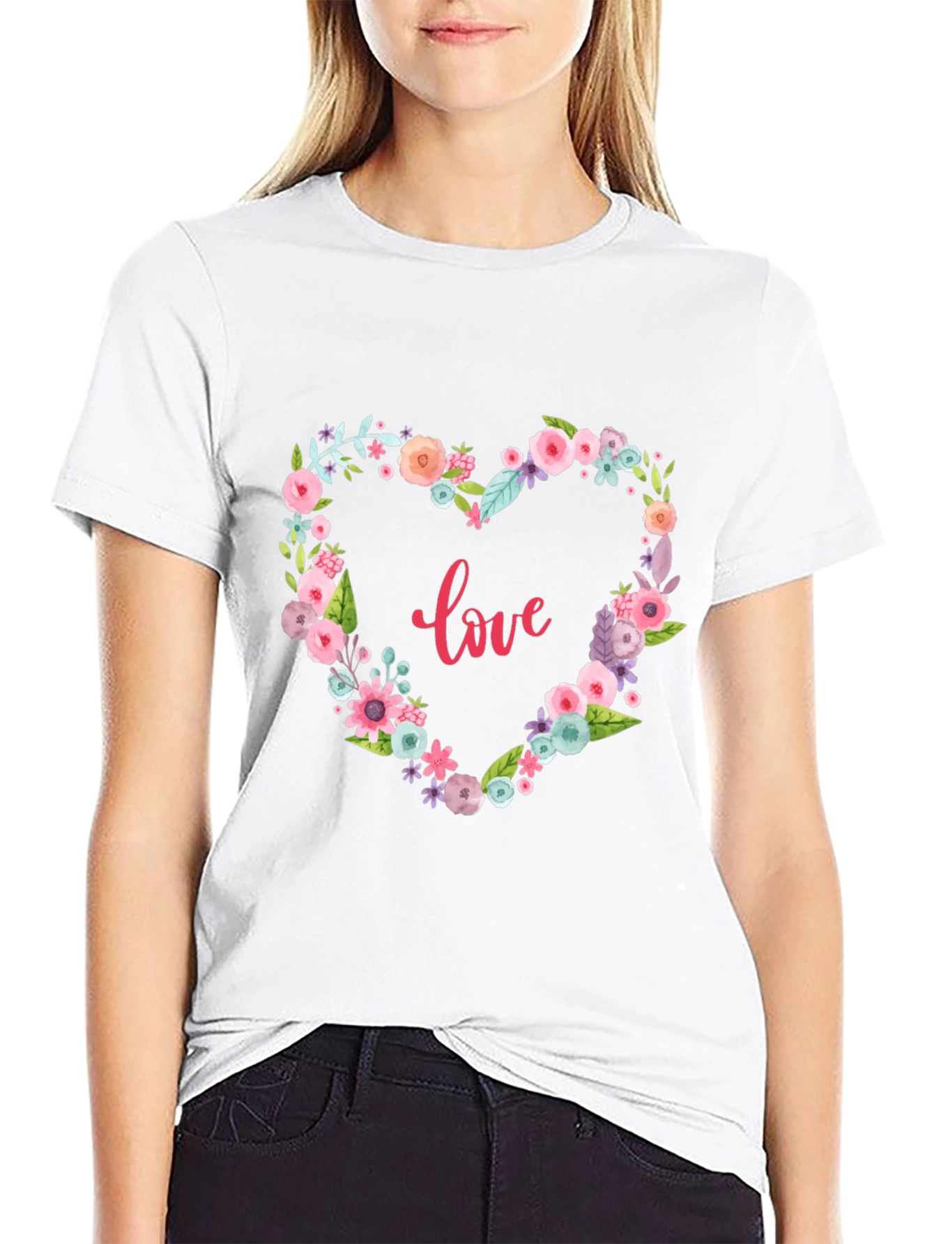 Floral Heart Love Graphic Black T-Shirt