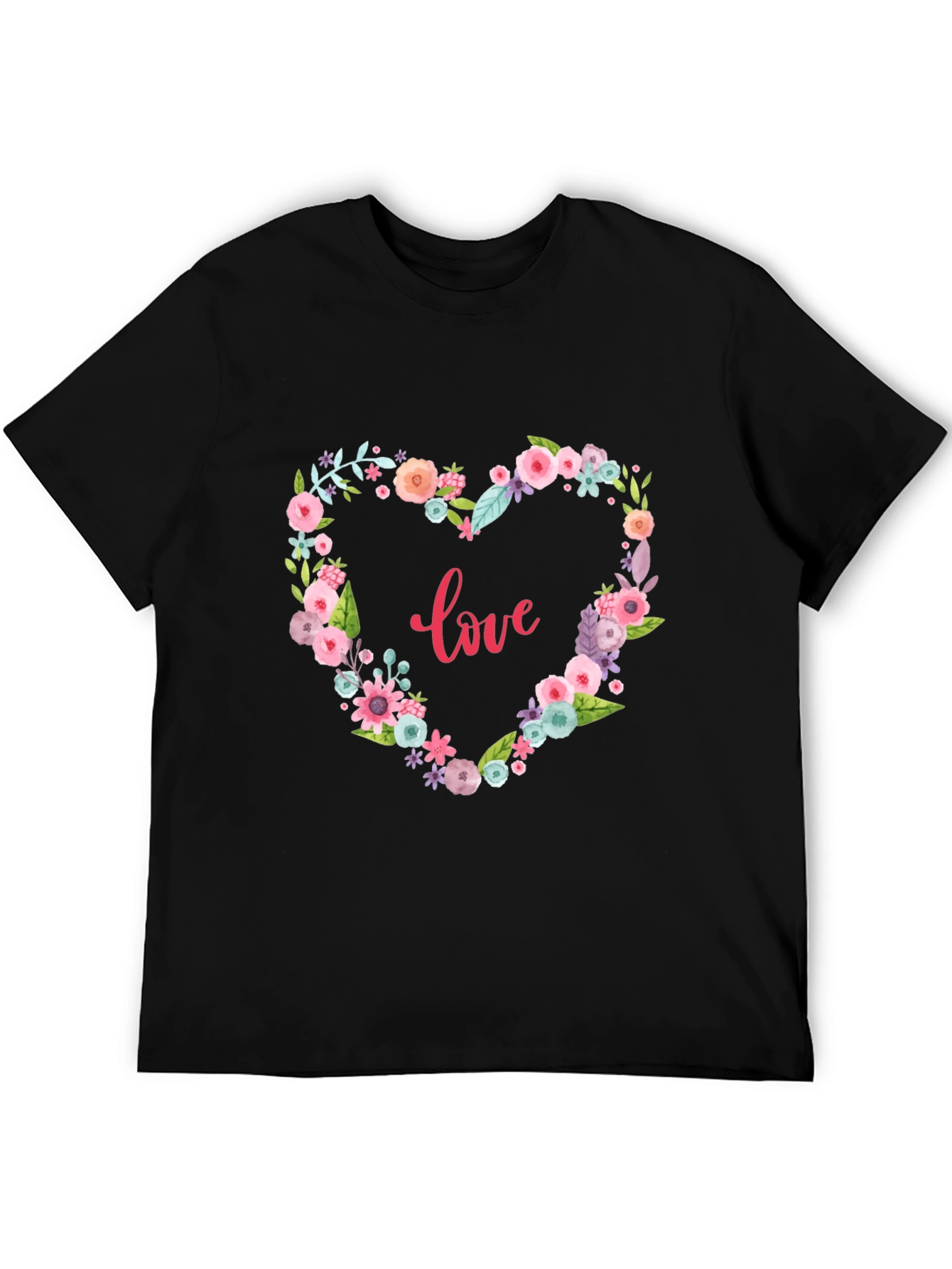 Floral Heart Love Graphic Black T-Shirt