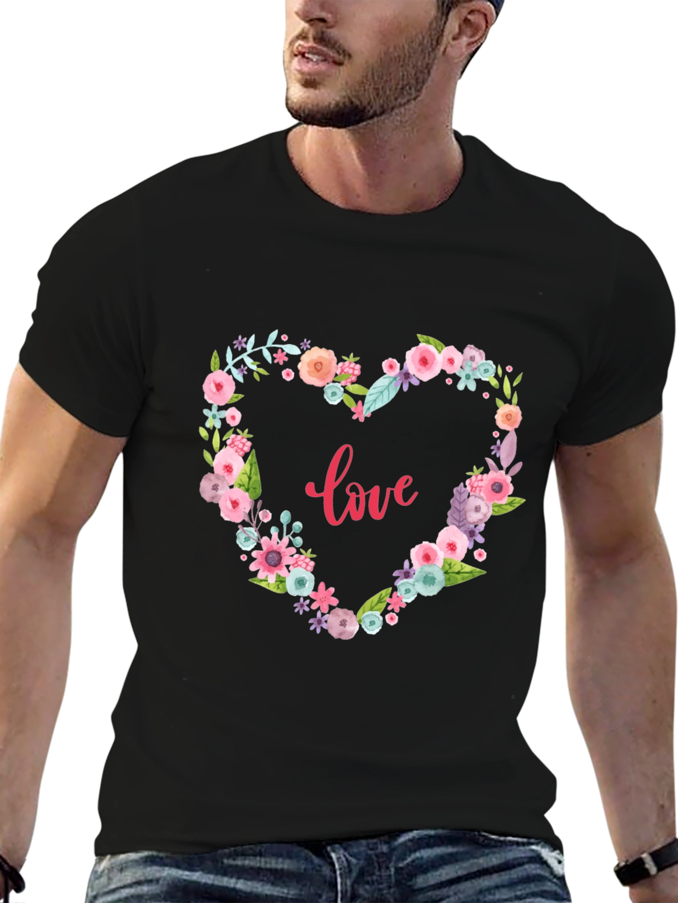 Floral Heart Love Graphic Black T-Shirt