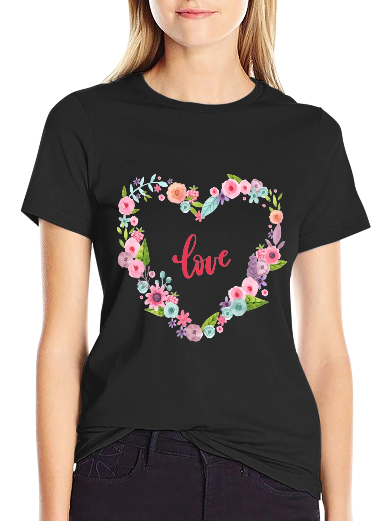 Floral Heart Love Graphic Black T-Shirt
