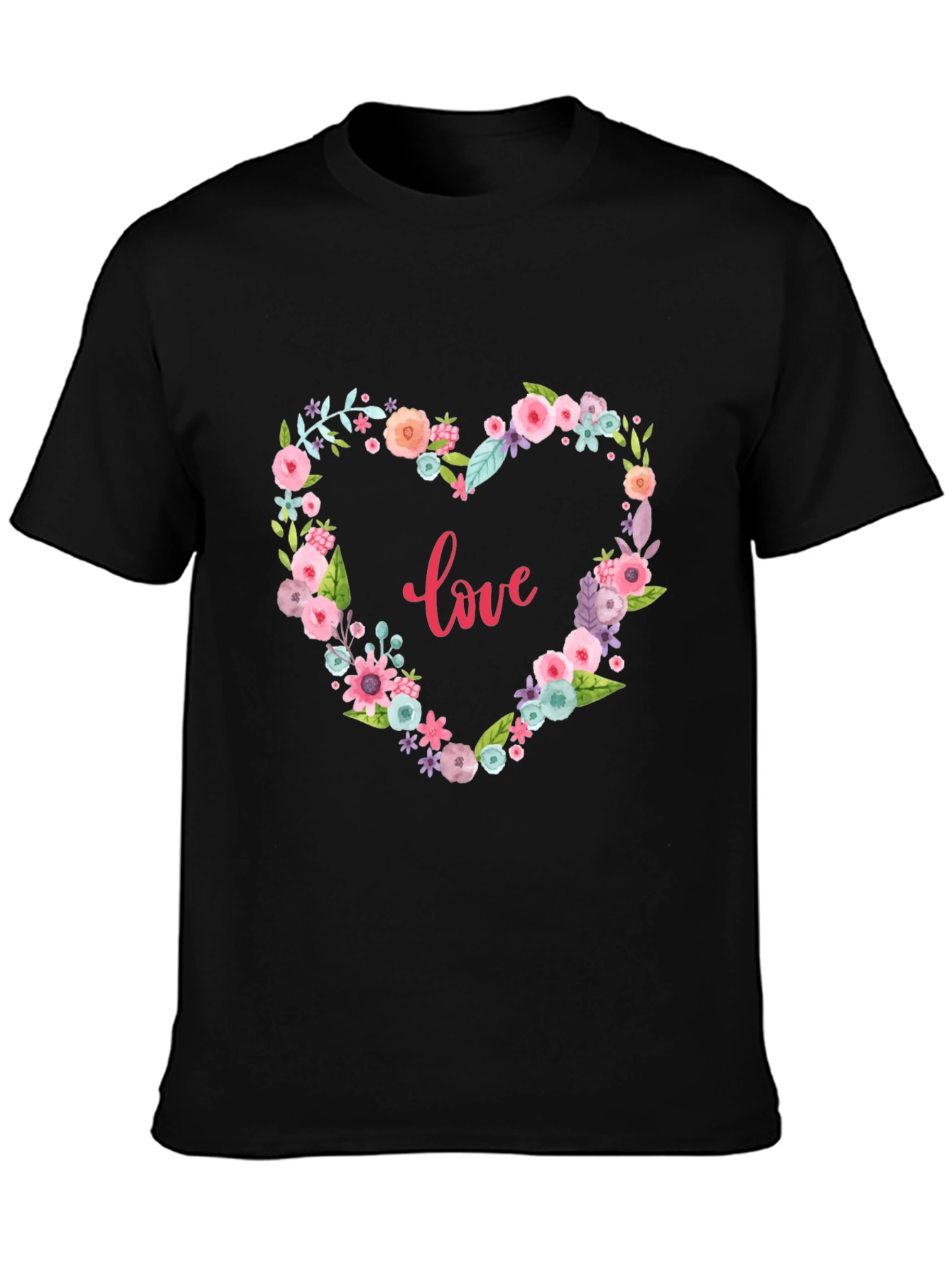 Floral Heart Love Graphic Black T-Shirt