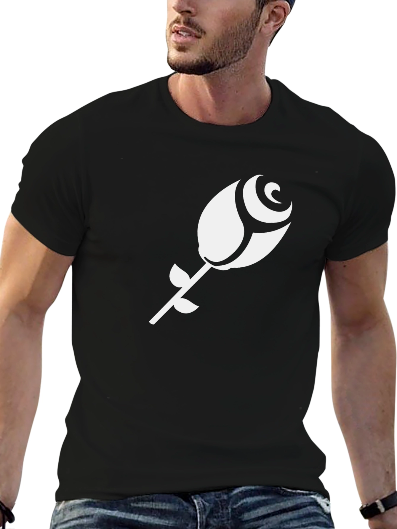 Black T-Shirt with White Rose Design