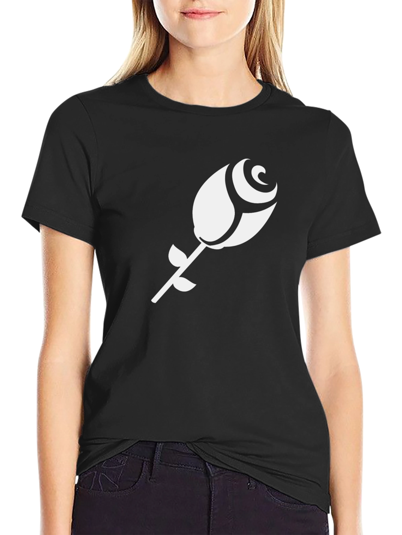 Black T-Shirt with White Rose Design