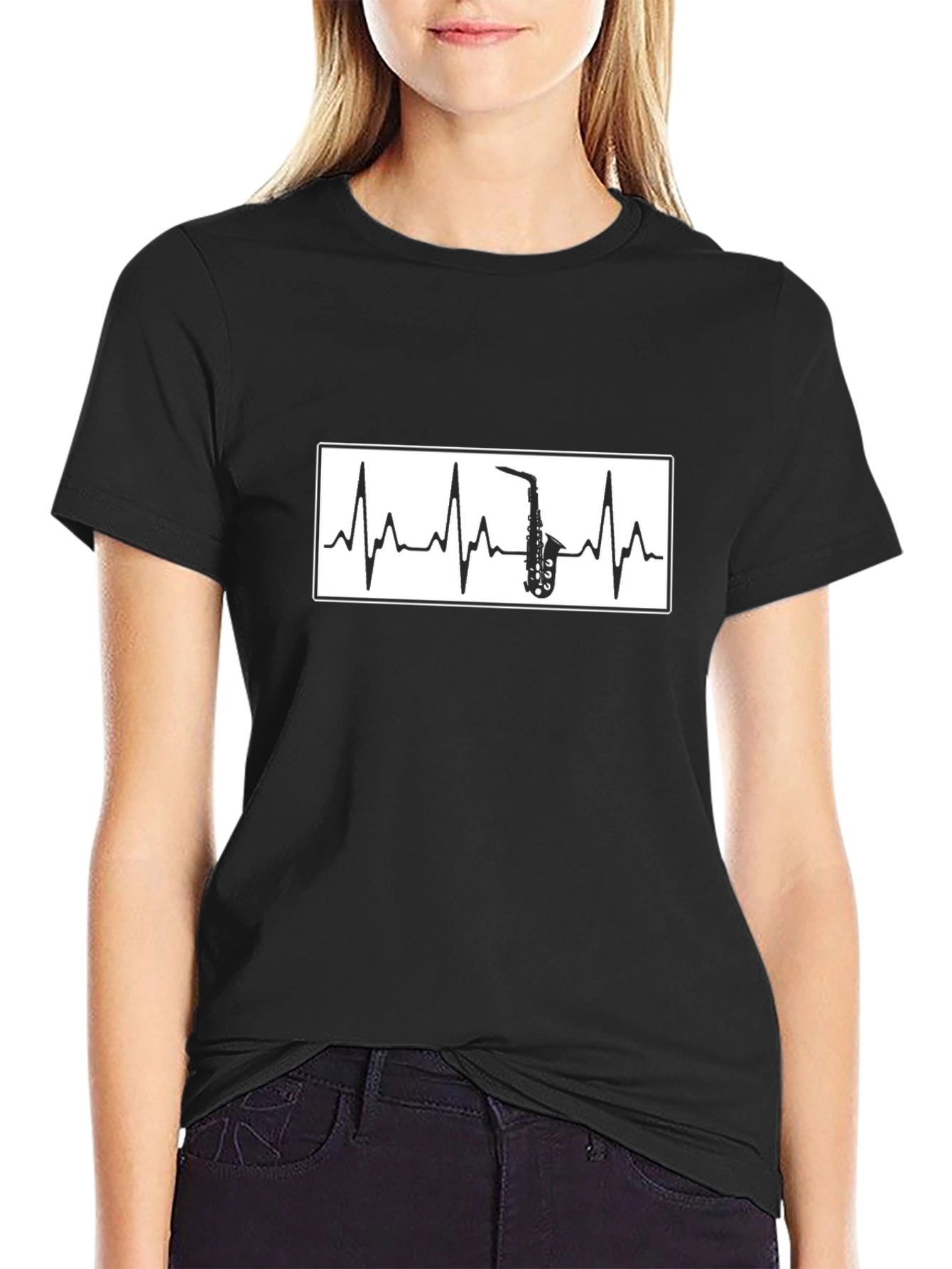 Saxophone Heartbeat Graphic T-Shirt - Black