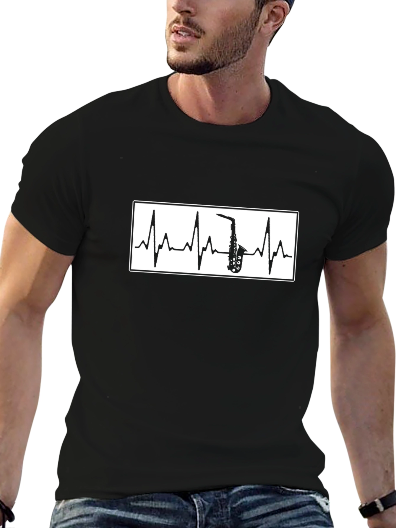 Saxophone Heartbeat Graphic T-Shirt - Black