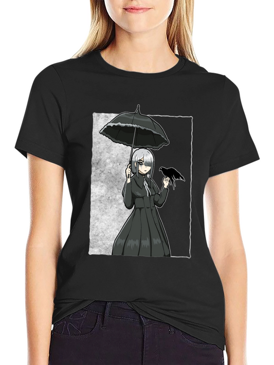 Gothic Anime Girl With Crow T-Shirt