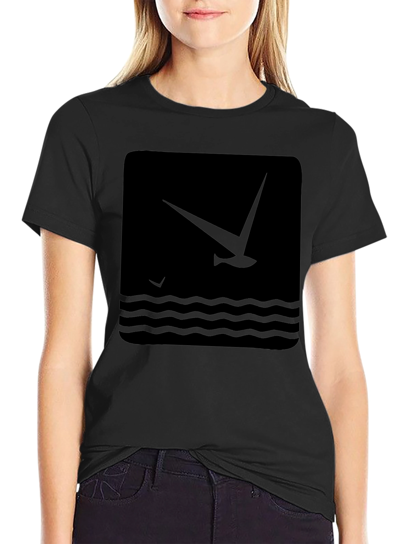 Black Graphic T-Shirt - Bird & Wave Design