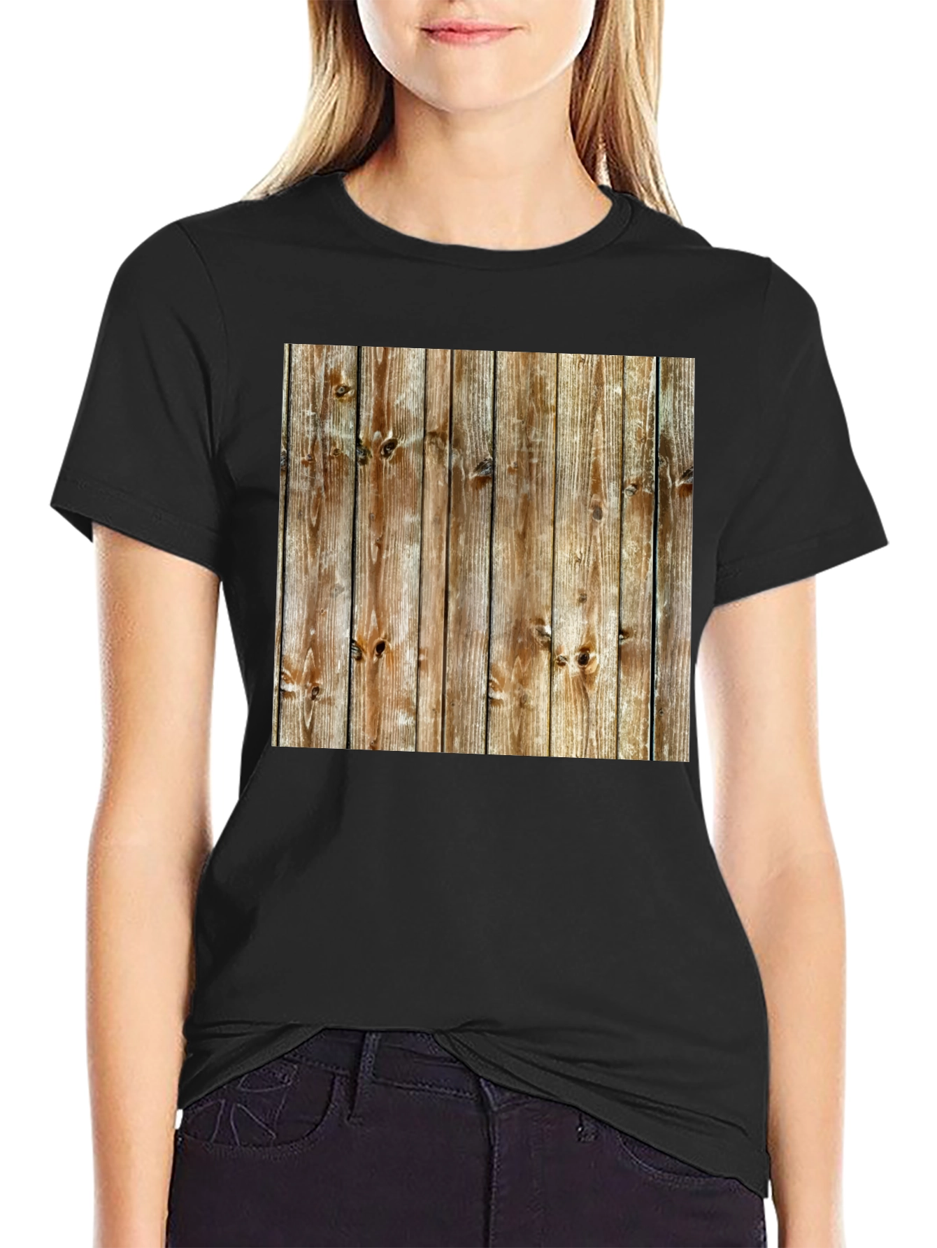 Rustic Wood Grain Print Black T-Shirt