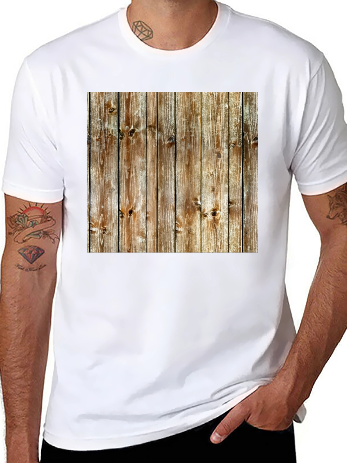 Rustic Wood Grain Print Black T-Shirt