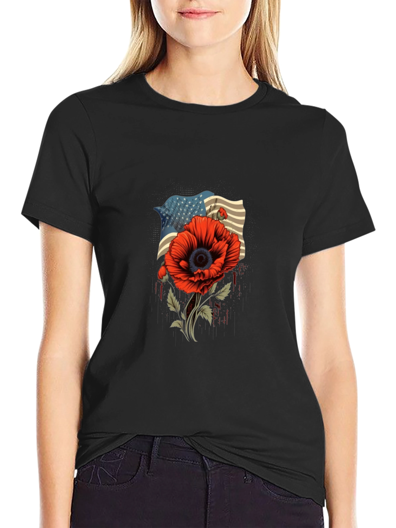 American Flag Poppy Graphic T-Shirt - Patriotic Style
