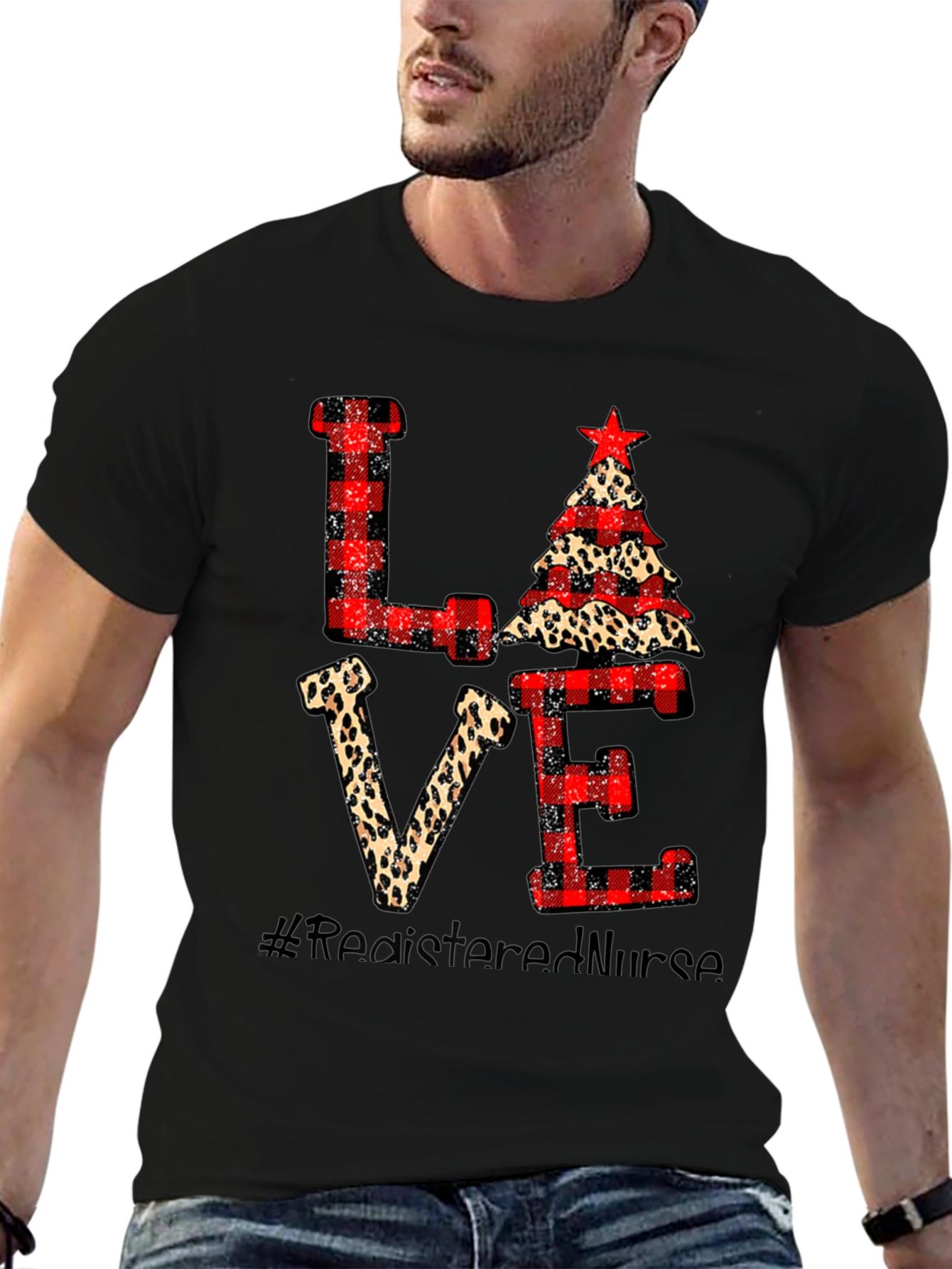 LOVE Registered Nurse Christmas Themed Black T-Shirt