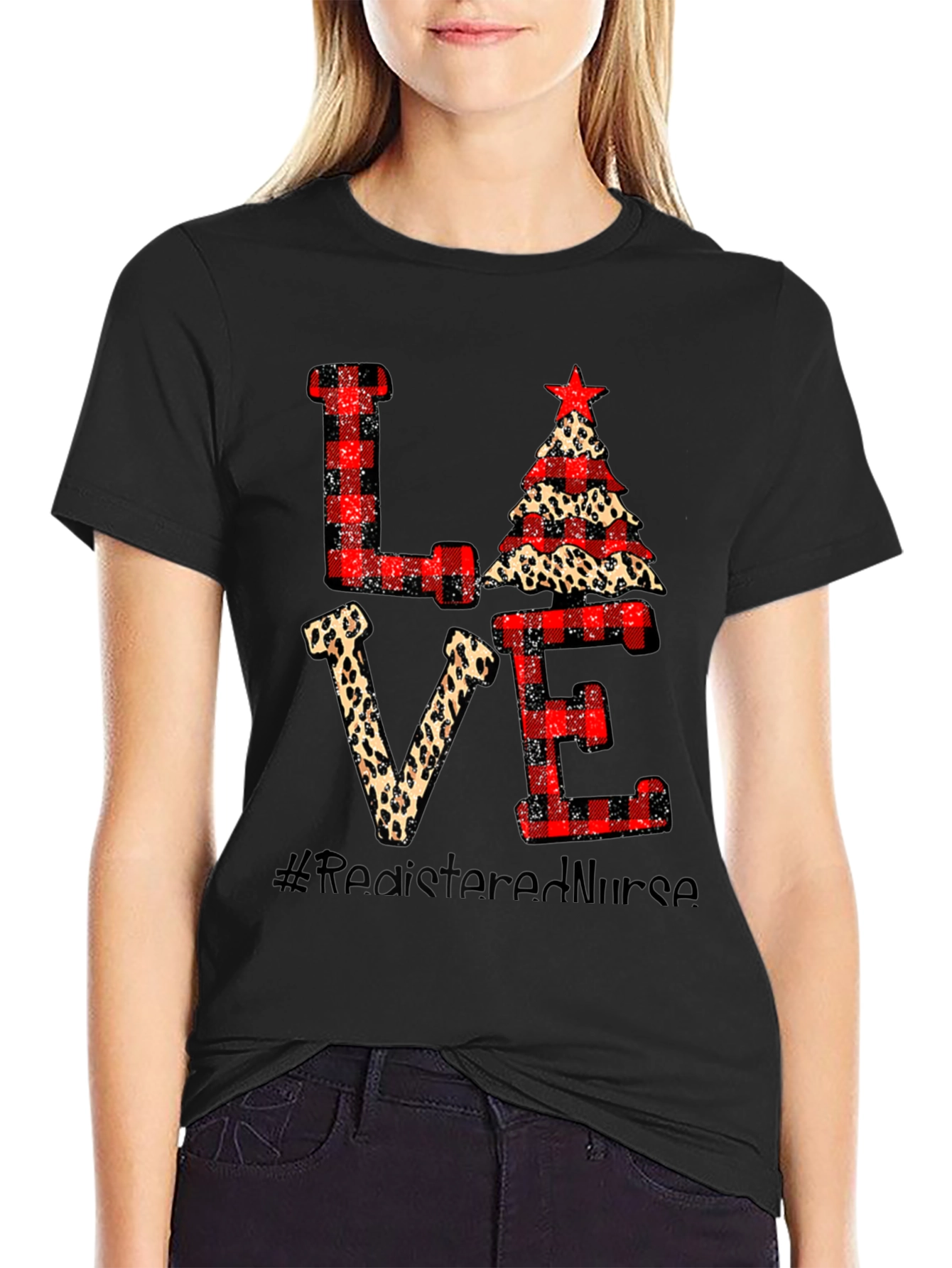 LOVE Registered Nurse Christmas Themed Black T-Shirt