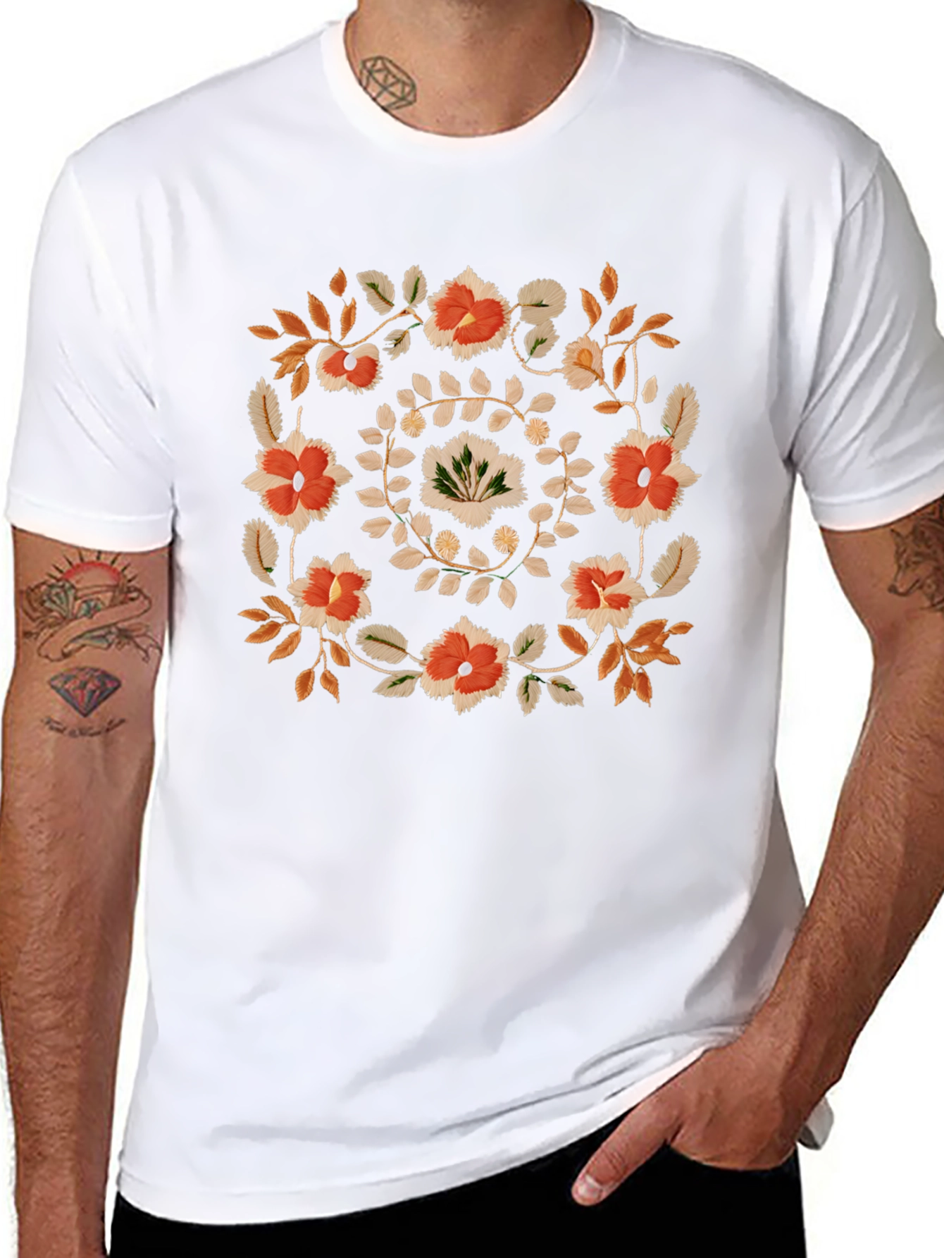 Floral Wreath Graphic Tee - Casual Black T-Shirt
