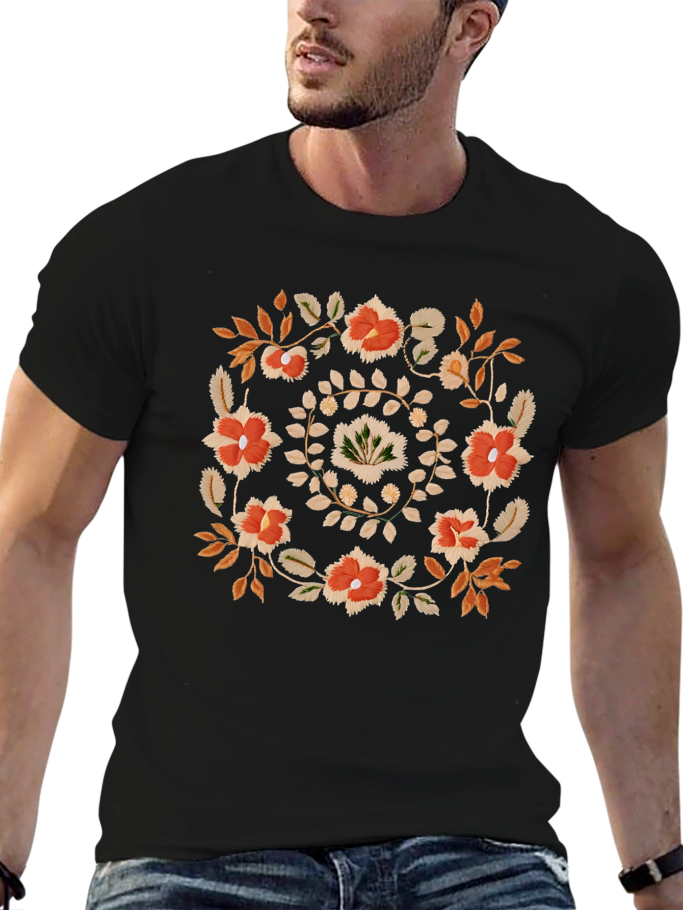 Floral Wreath Graphic Tee - Casual Black T-Shirt