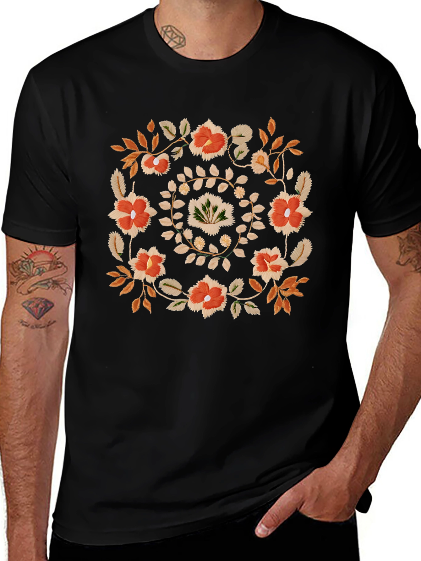 Floral Wreath Graphic Tee - Casual Black T-Shirt
