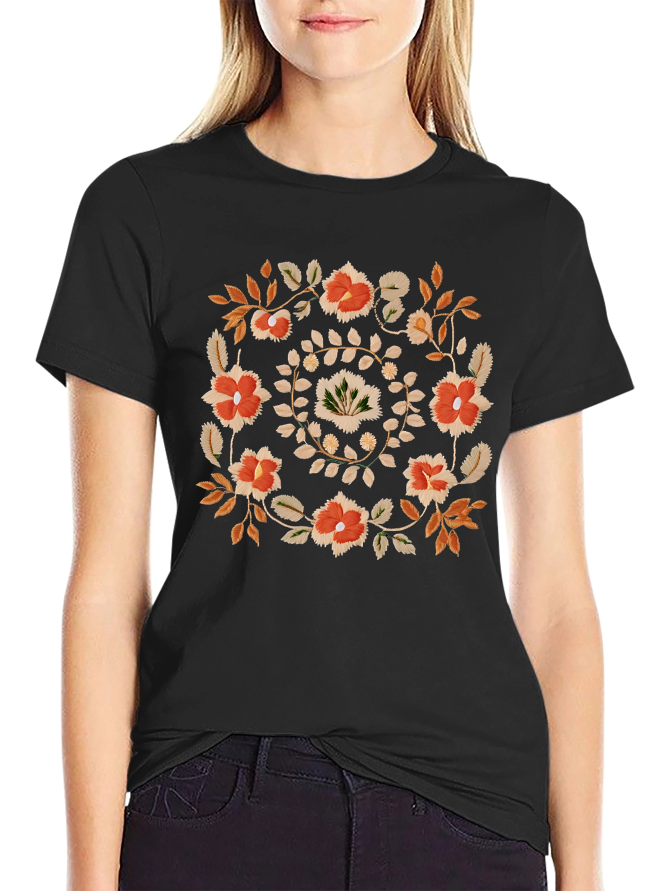 Floral Wreath Graphic Tee - Casual Black T-Shirt