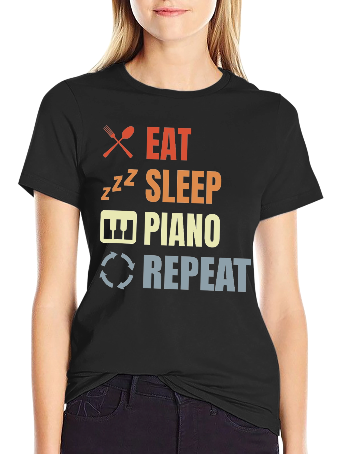 Eat Sleep Piano Repeat Black Graphic T-Shirt