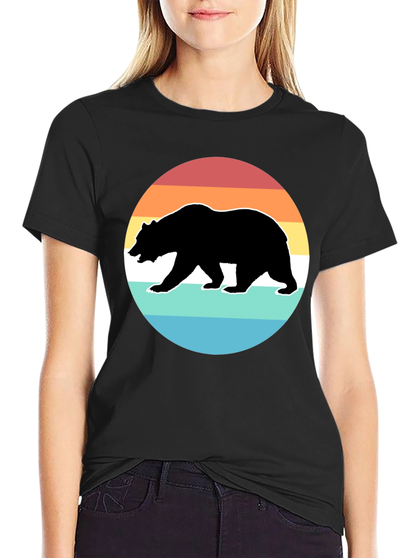 Retro Bear Sunset Graphic T-Shirt - Black