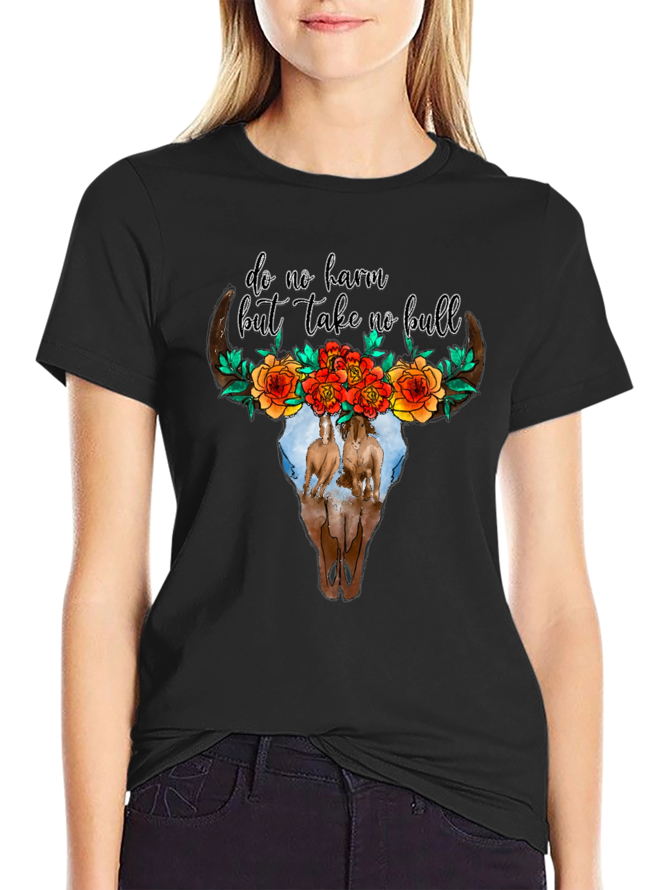 Cow Skull Floral Horses Black Graphic Tee