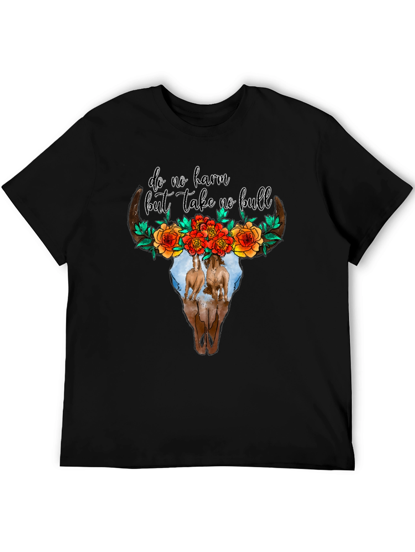 Cow Skull Floral Horses Black Graphic Tee