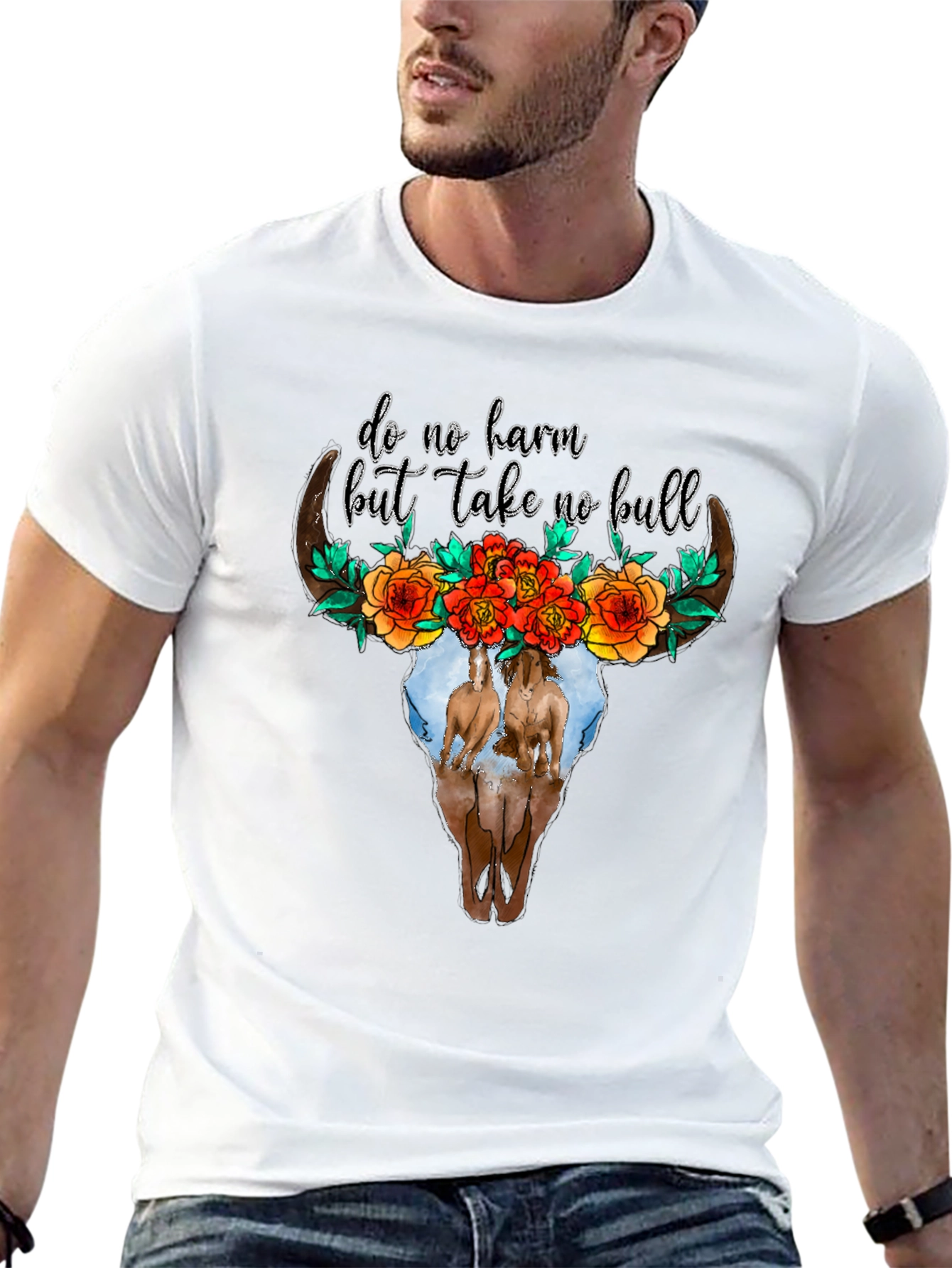 Cow Skull Floral Horses Black Graphic Tee