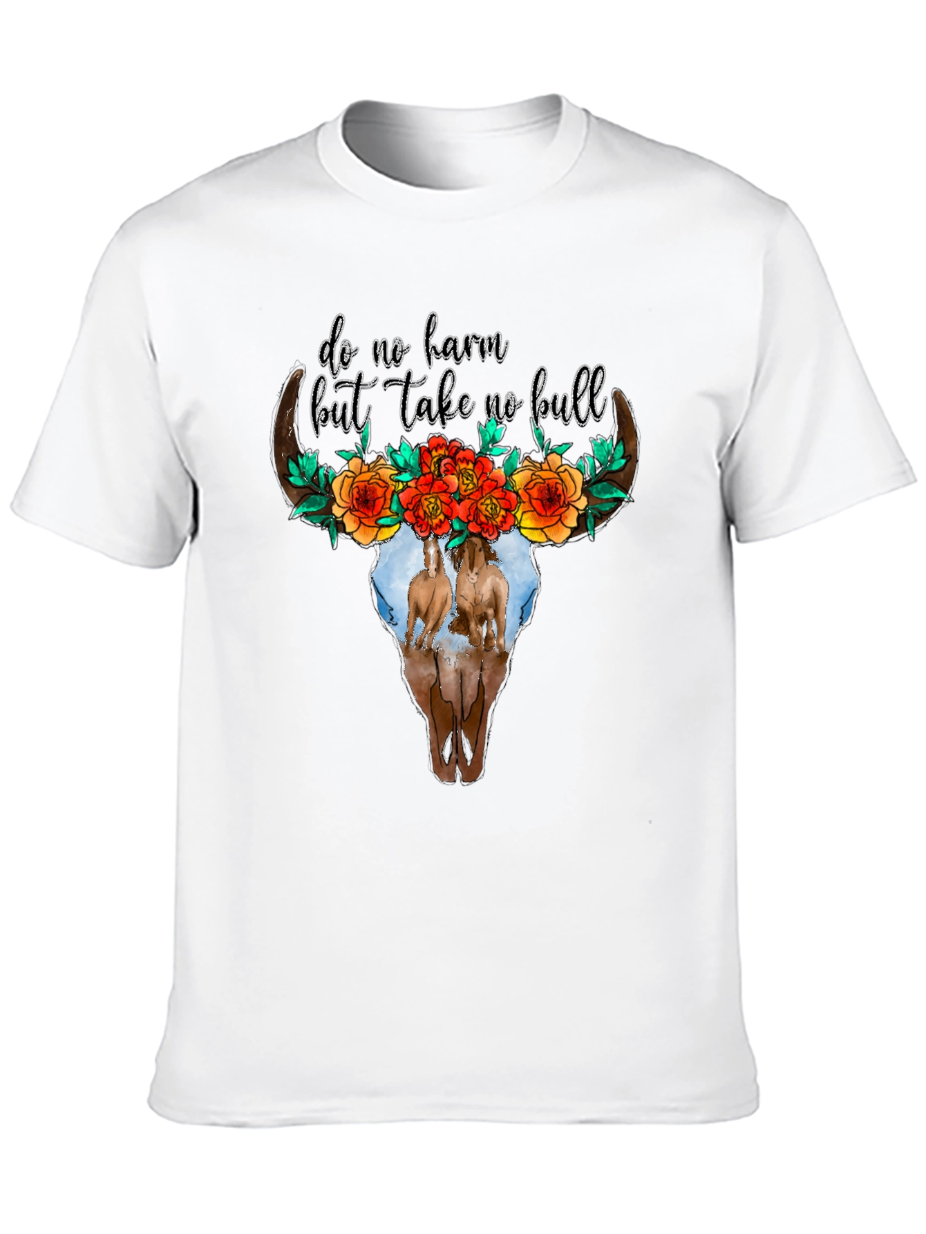 Cow Skull Floral Horses Black Graphic Tee