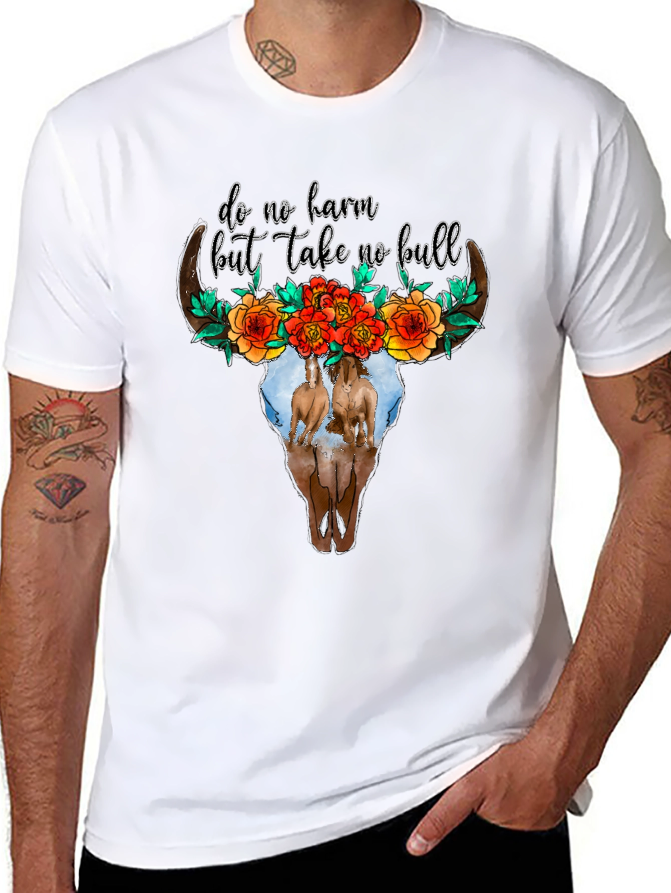 Cow Skull Floral Horses Black Graphic Tee