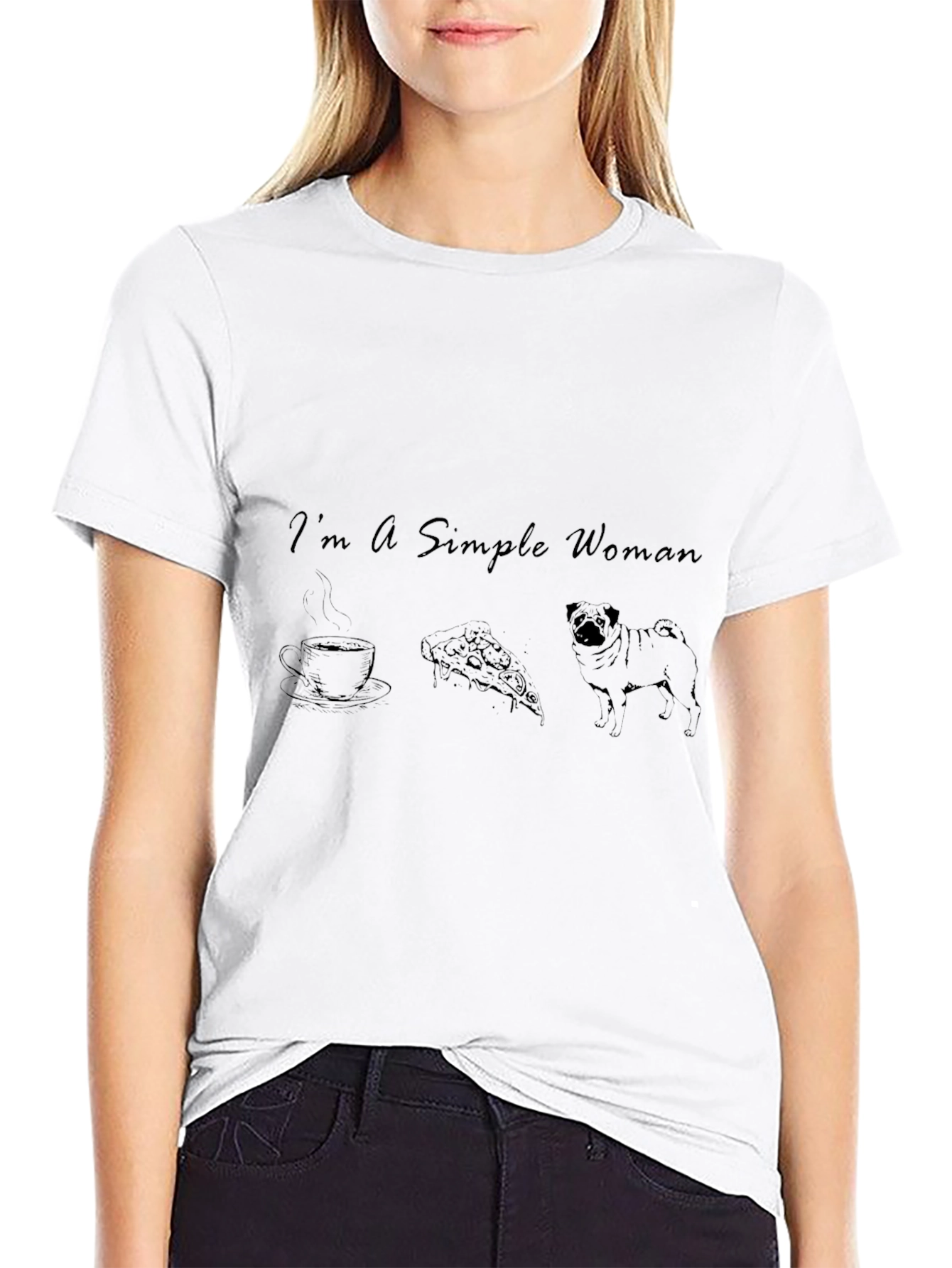 Simple Woman Coffee Pizza Pug Black T-Shirt