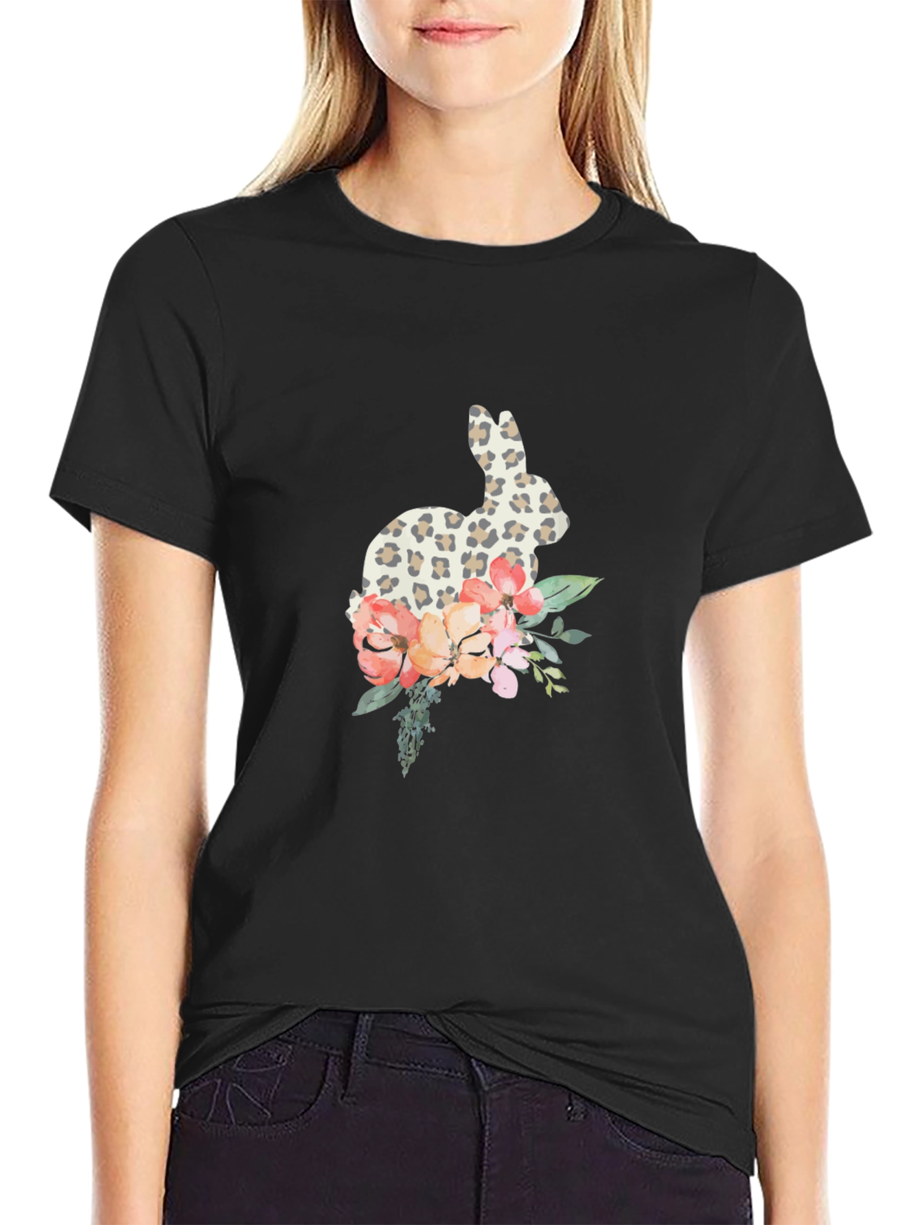 Leopard Print Bunny & Floral Graphic Tee