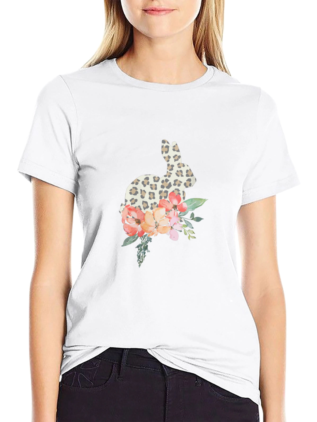 Leopard Print Bunny & Floral Graphic Tee