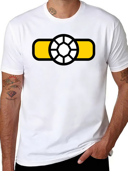 Graphic Tee: Soccer Ball Icon on Bold Yellow Stripe - Black