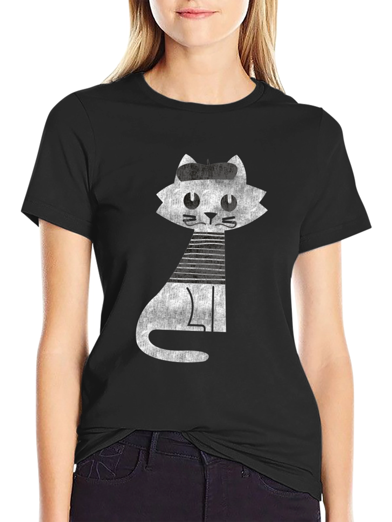 Retro Cat Graphic Tee - Cool Black Cotton T-Shirt