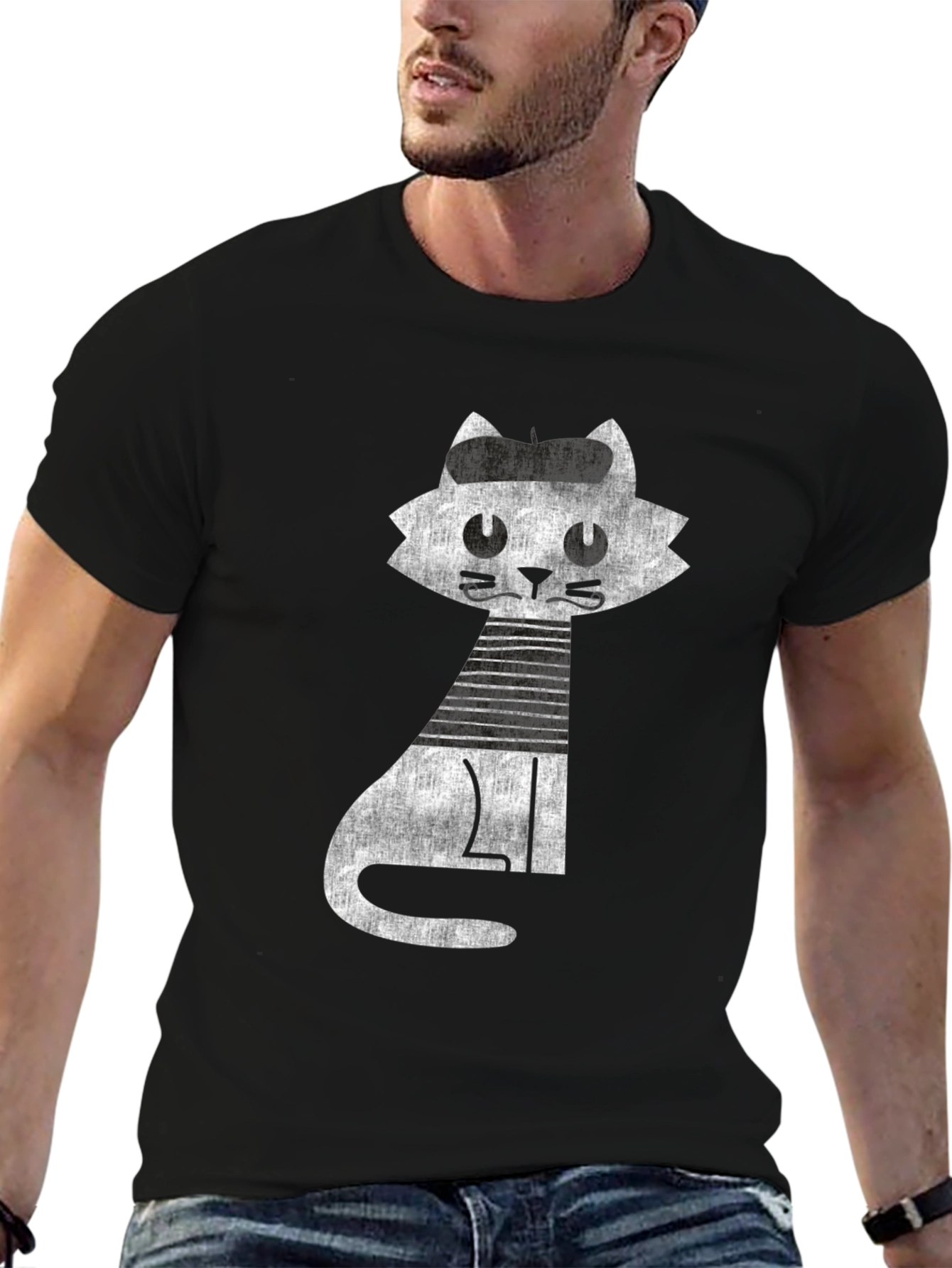 Retro Cat Graphic Tee - Cool Black Cotton T-Shirt
