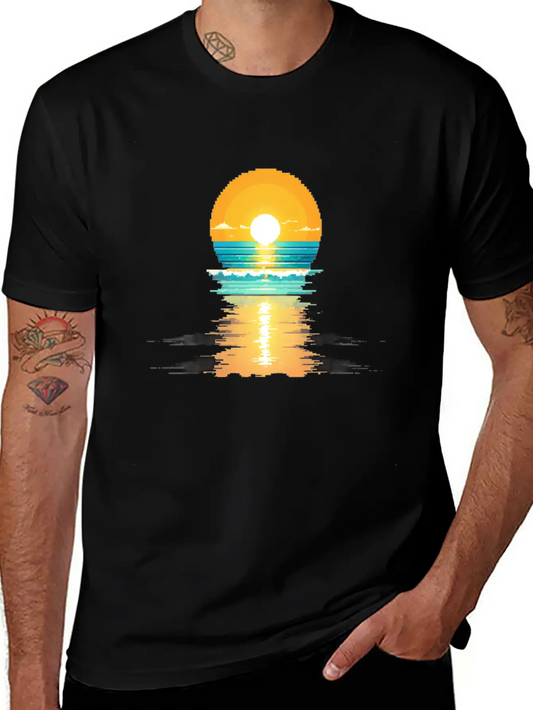 A Pixel Art Of Beach And Sun Basic Graphic T-Shirt – Daily Comfort In Soft Cotton