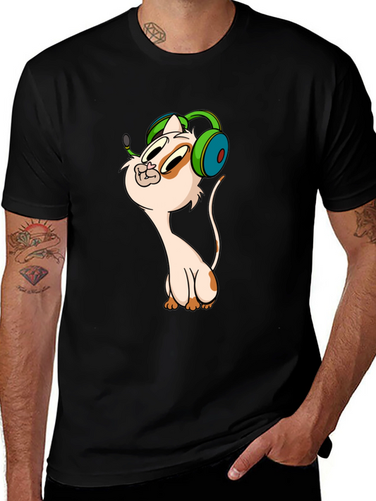 Cartoon Cat Gamer Graphic Tee - Black T-Shirt