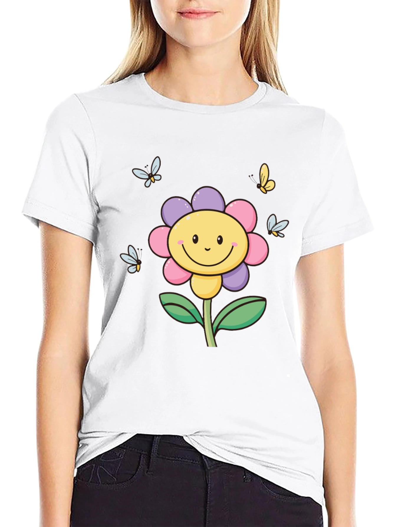 Happy Flower Graphic Tee - Black T-Shirt