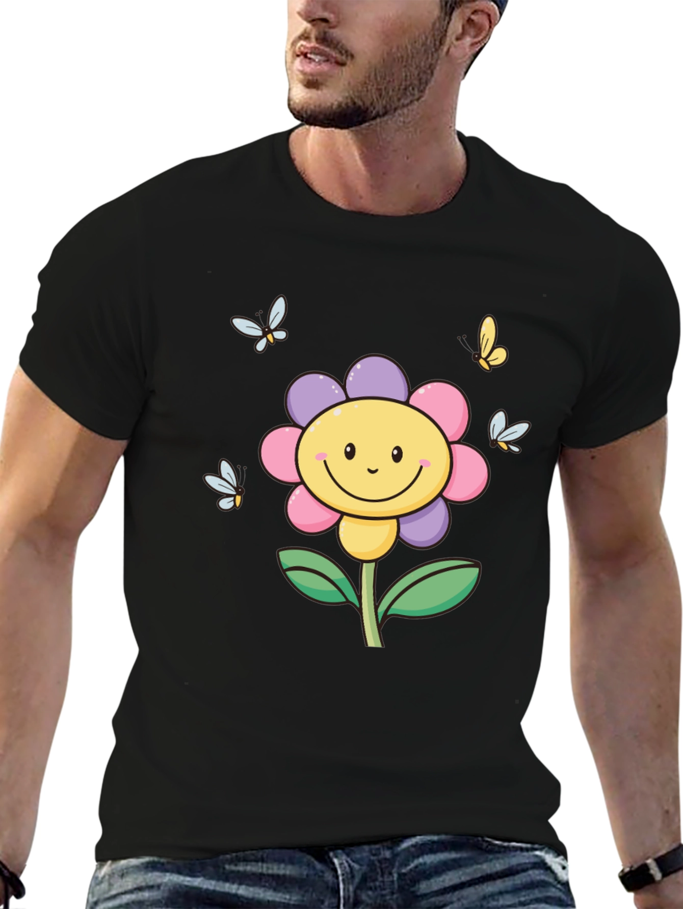 Happy Flower Graphic Tee - Black T-Shirt