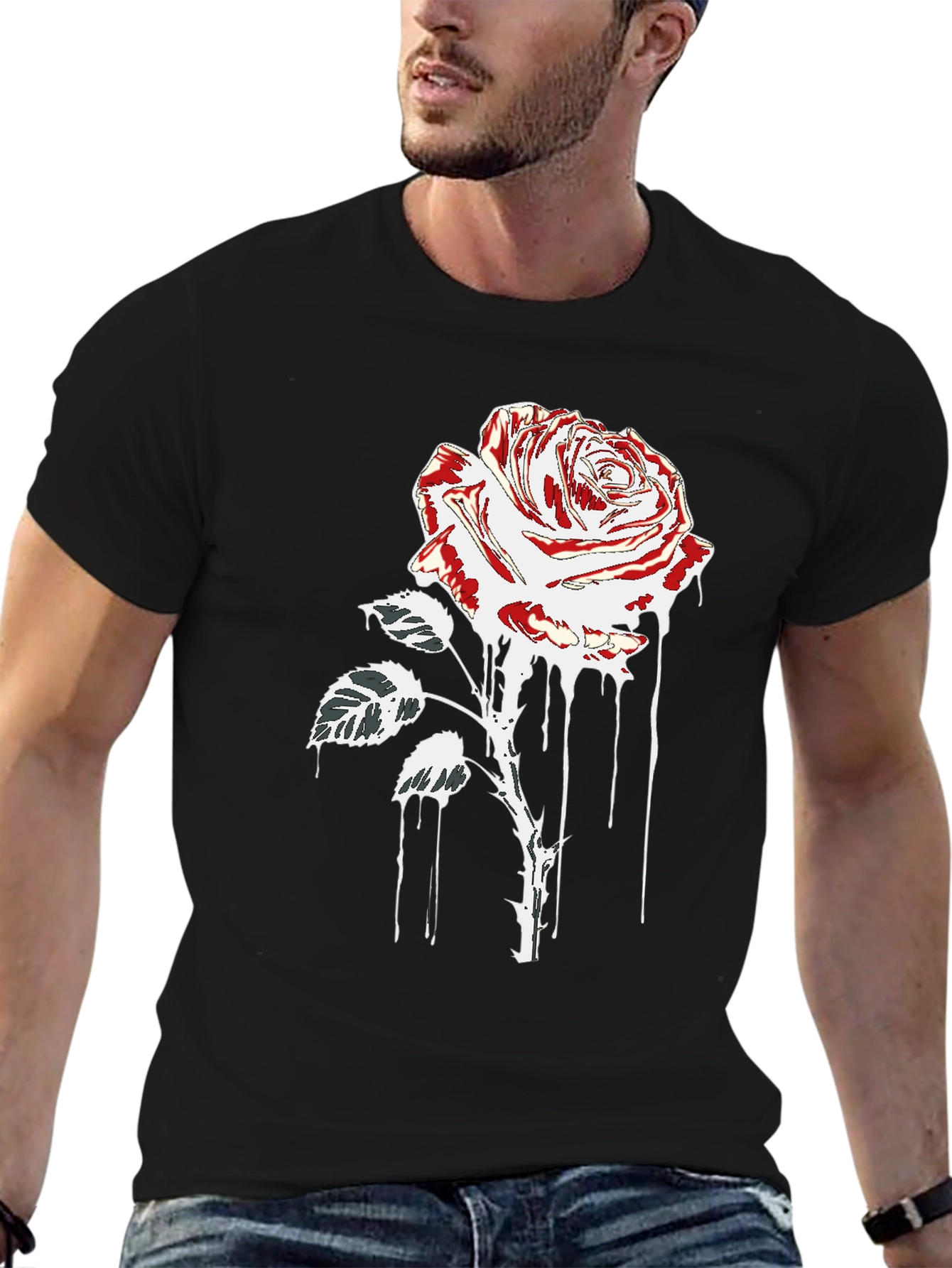 Rose Drip Graphic Tee - Black Cotton T-Shirt