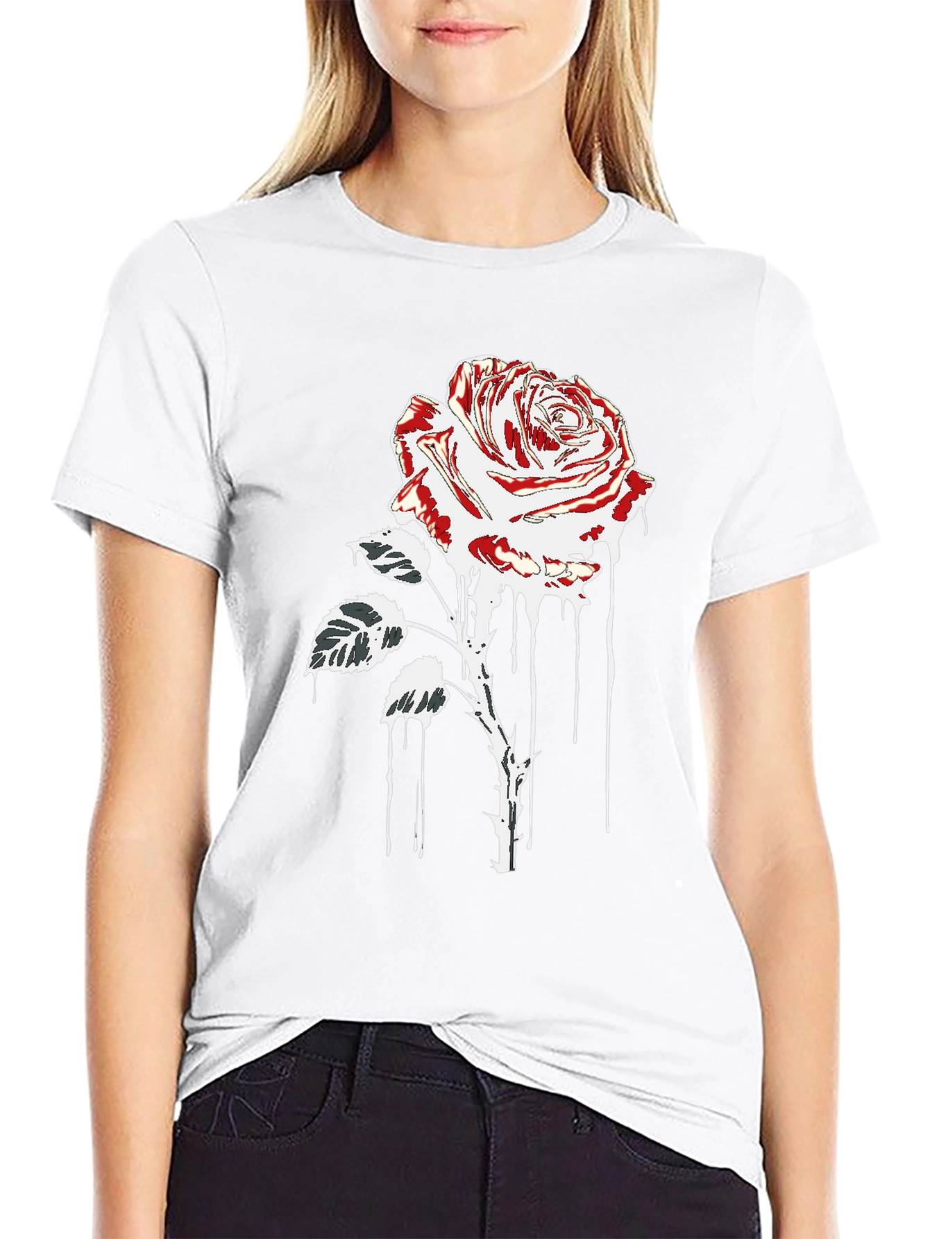 Rose Drip Graphic Tee - Black Cotton T-Shirt