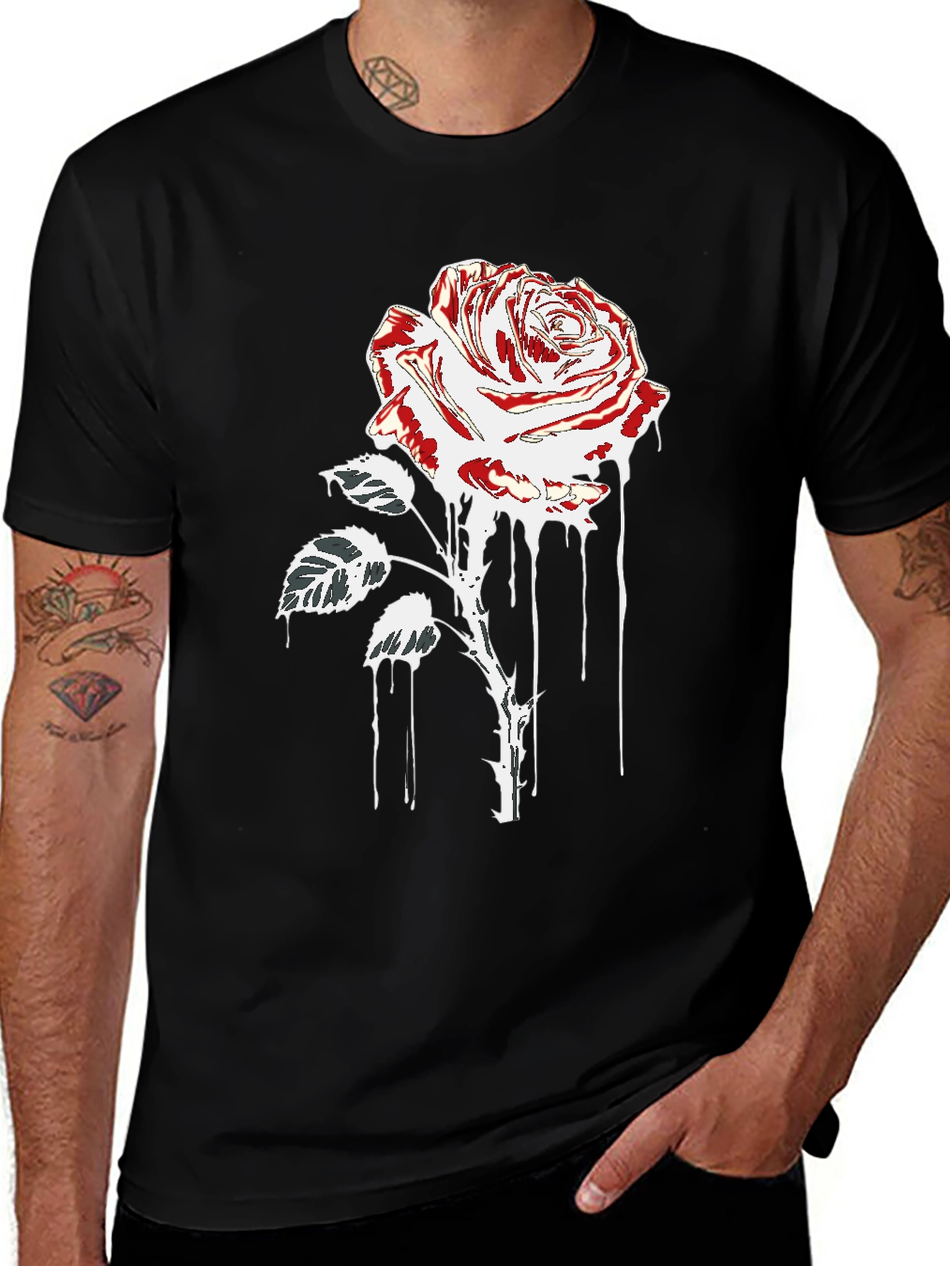 Rose Drip Graphic Tee - Black Cotton T-Shirt
