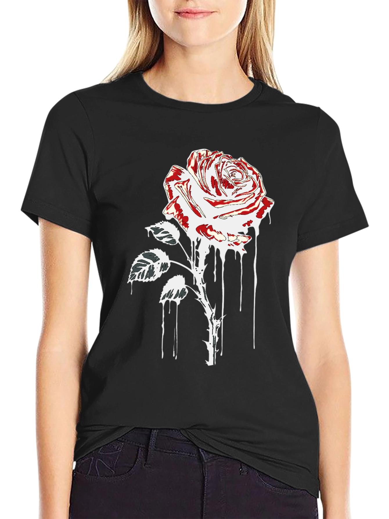 Rose Drip Graphic Tee - Black Cotton T-Shirt