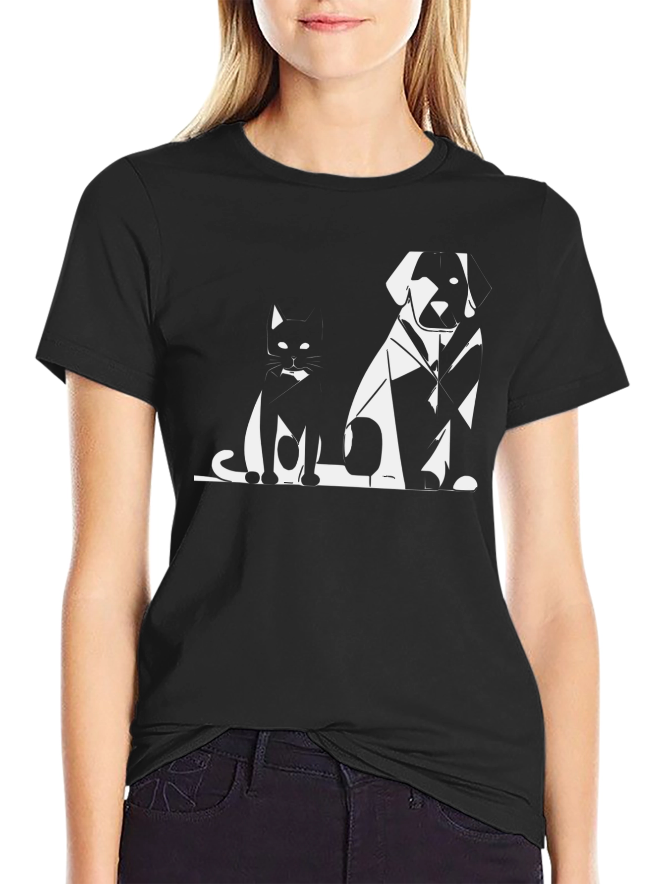 Cat and Dog Graphic Tee - Black