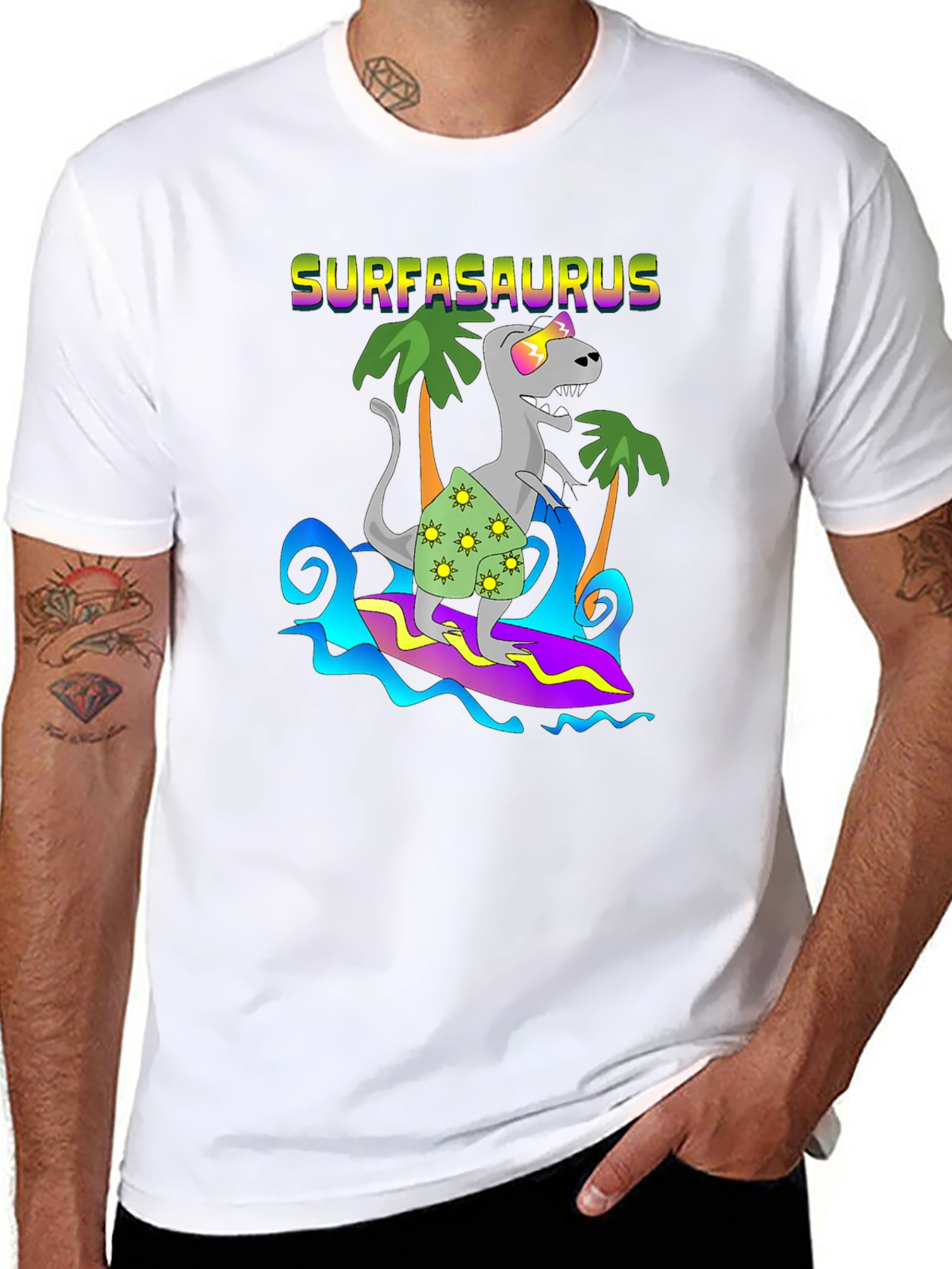 Surfasaurus T-Shirt - Dinosaur Surfing Tee