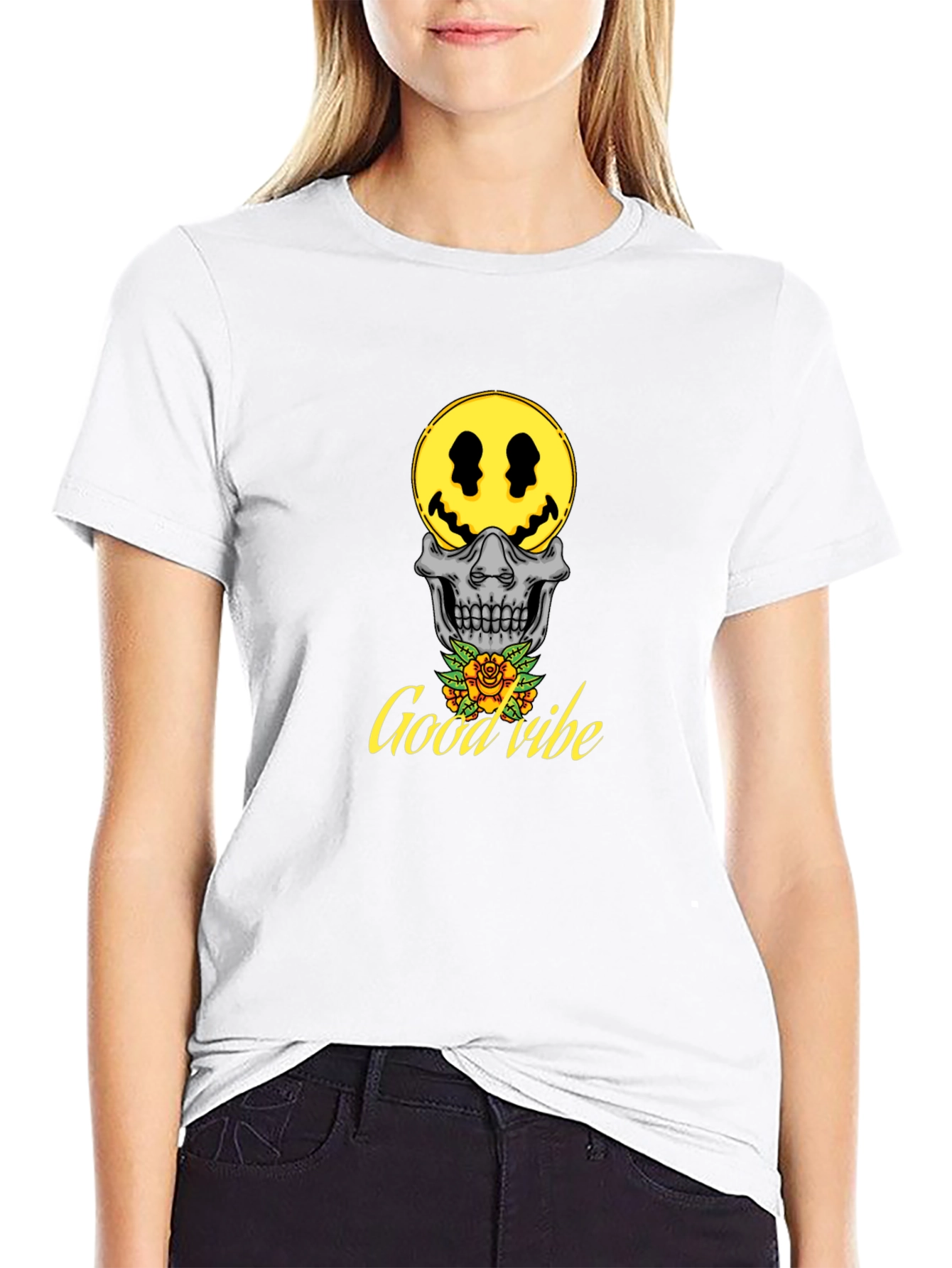 Good Vibe Skull Smiley Face T-Shirt - Black