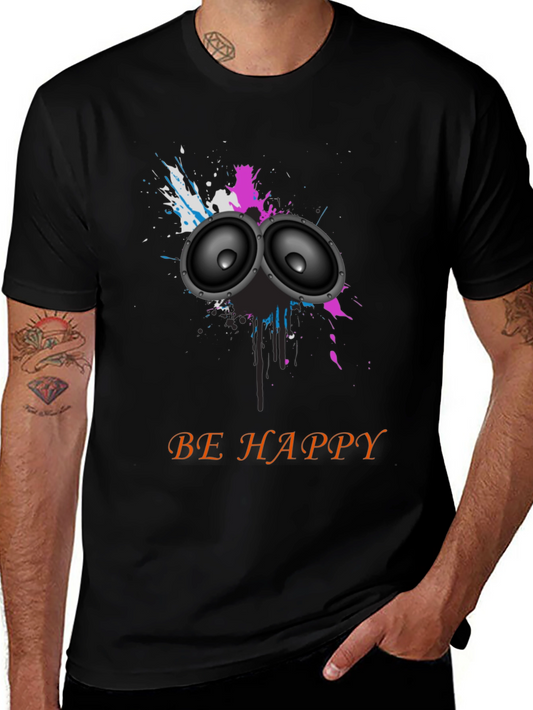 Be Happy Speaker Graphic Tee - Trendy Crew Neck T-Shirt
