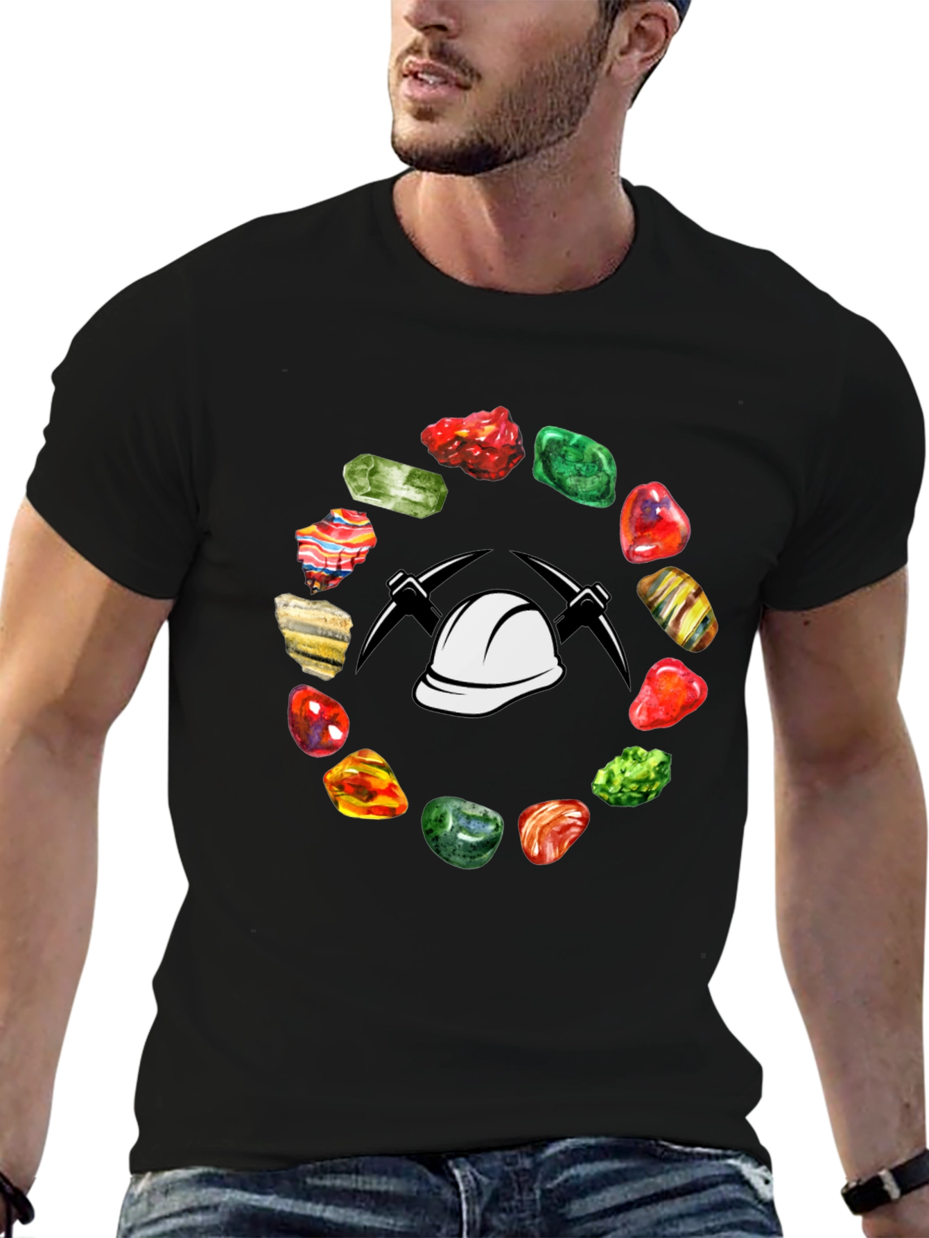 Miner T-Shirt: Gemstone Circle with Hard Hat & Pickaxes
